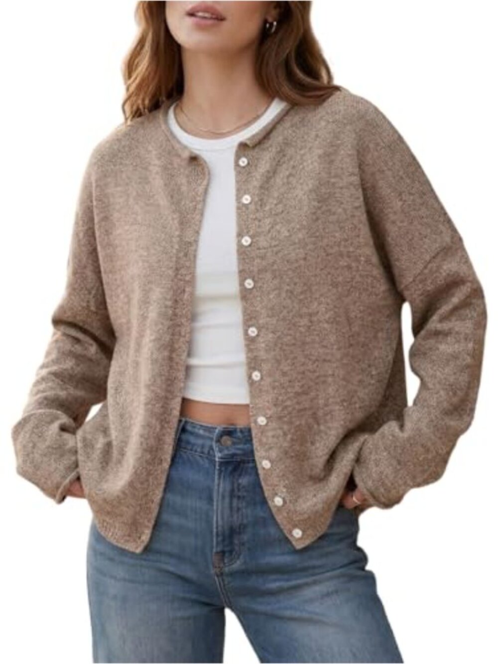 Women's Button Up Cardigan Long Sleeve Crew Neck Knit Sweater